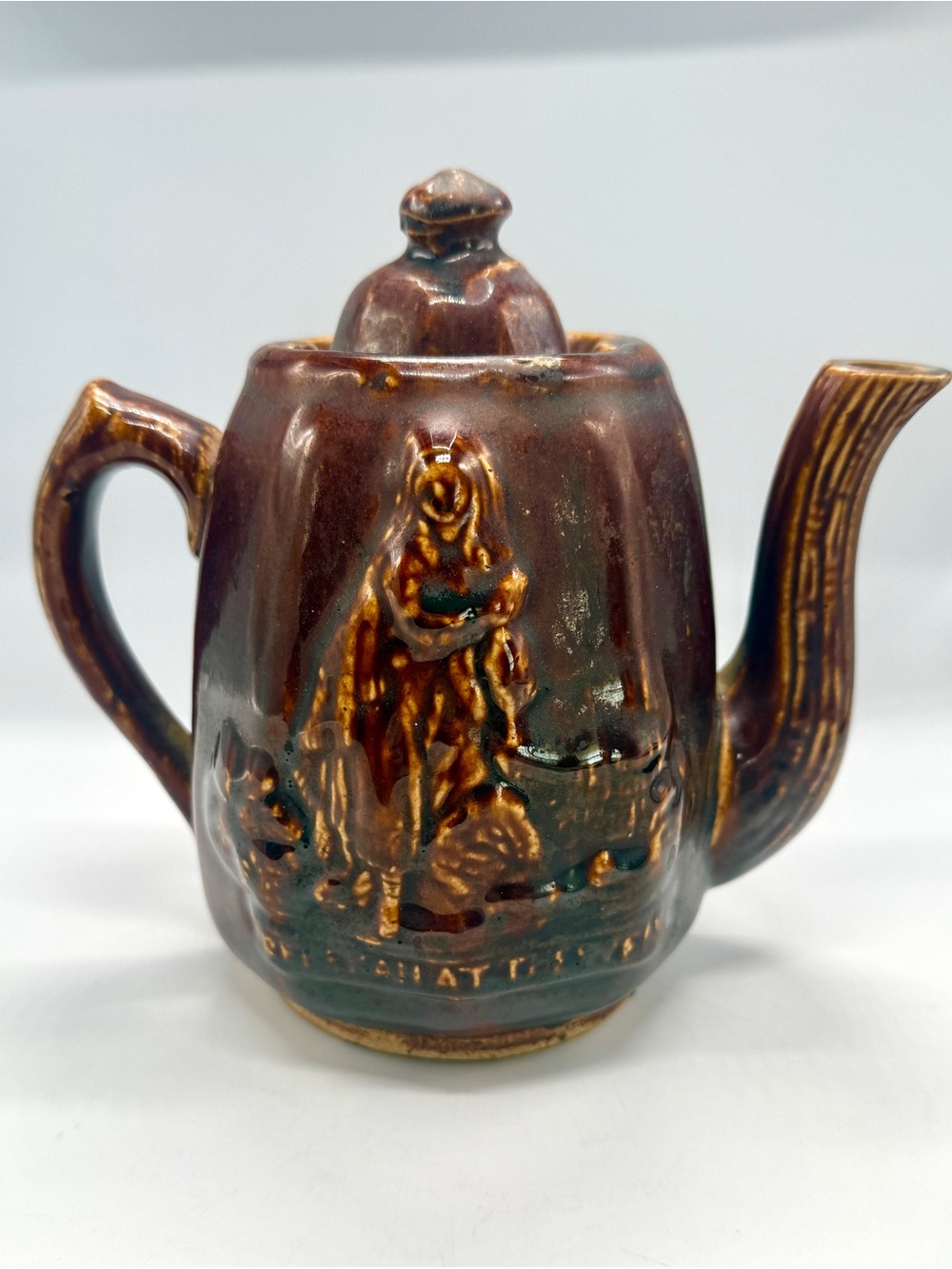 Antique 1800s Rockingham  "Rebekah At The Well" 5 Lidded Stoneware Teapot 7.5”